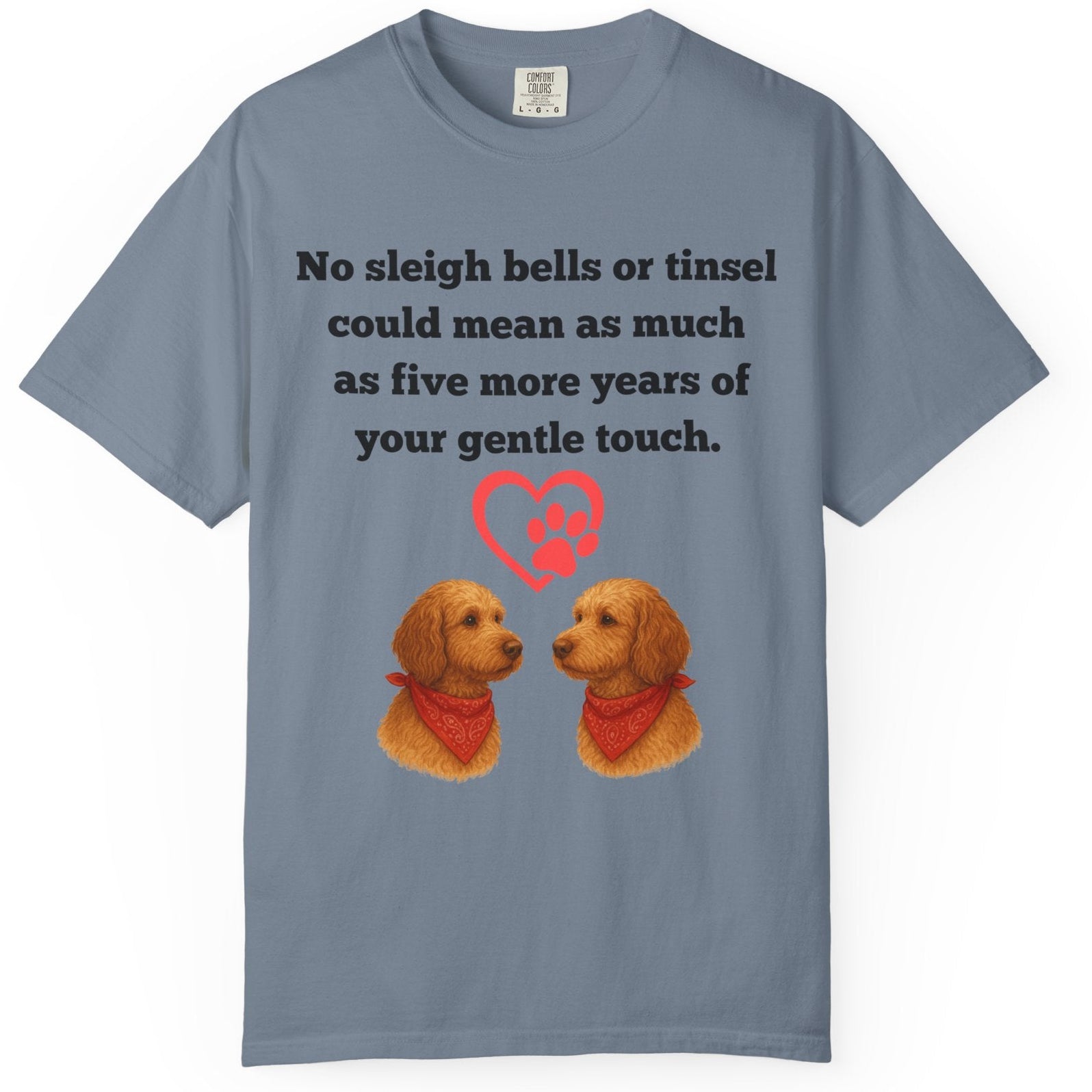 Blue t-shirt with two dogs, a heart, and text on a white background