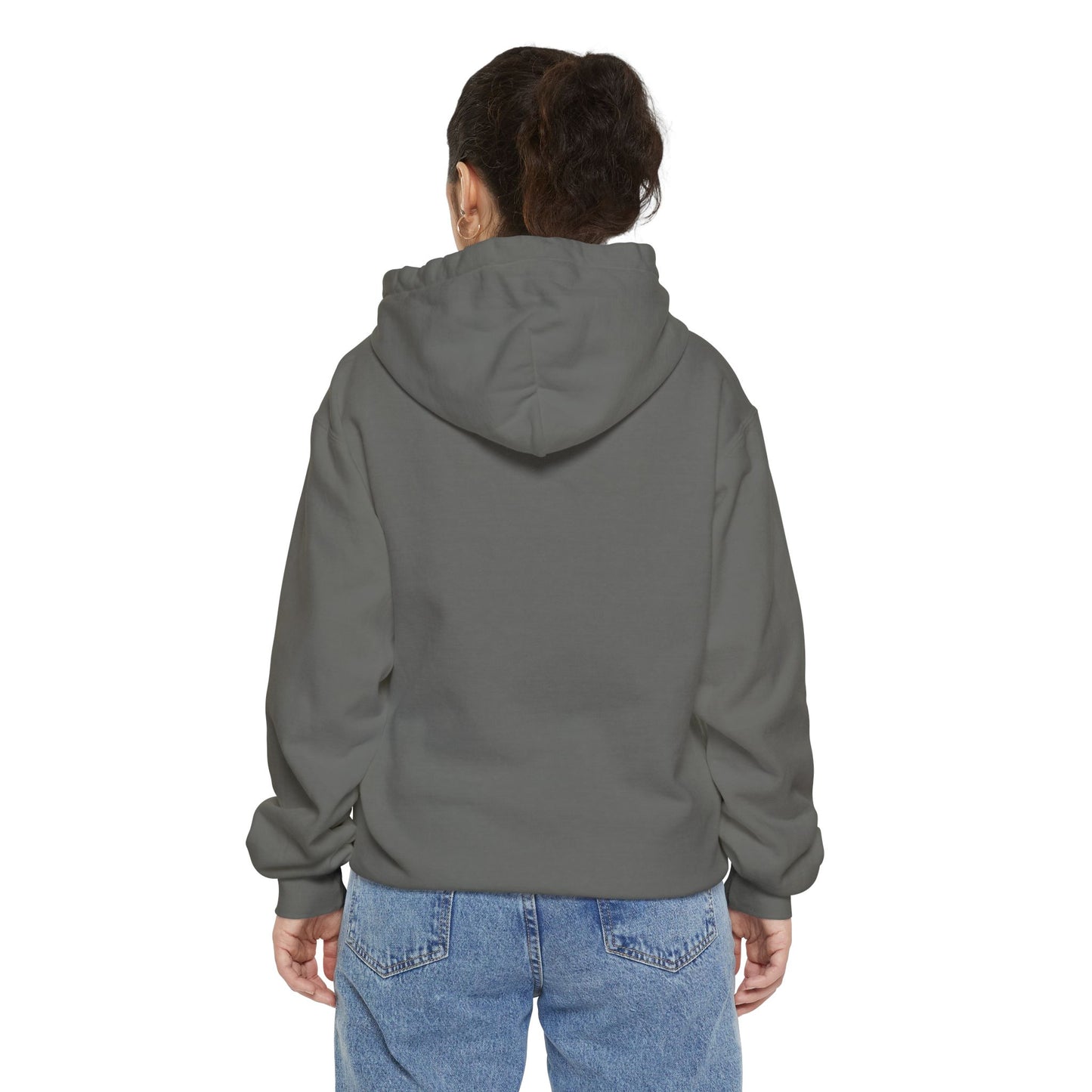 back of plain gray hoodie worn by a person on a white background