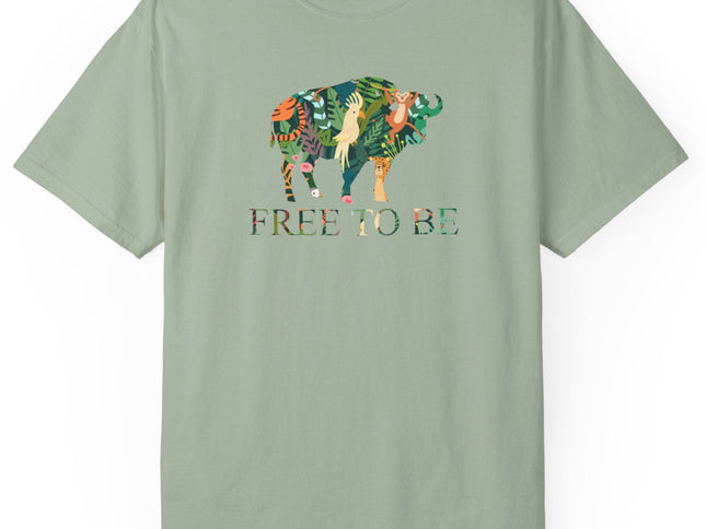 Green t-shirt with a colorful graphic of a buffalo and text 'FREE TO BE' on a white background