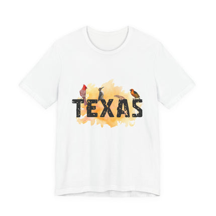 White t-shirt with 'Texas' graphic design on a white background