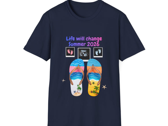 Navy blue t-shirt with flip-flop design and text on a white background
