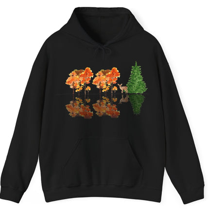 Black hoodie with nature-themed design featuring trees and animals on a white background