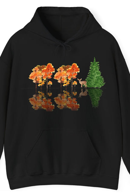 Black hoodie with nature-themed design featuring trees and animals on a white background