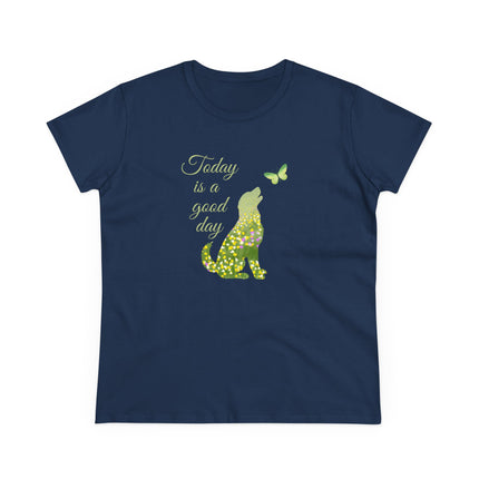 Navy blue t-shirt with a dog and butterfly graphic and 'Today is a good day' text on a white background
