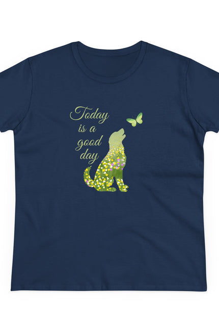 Navy blue t-shirt with a dog and butterfly graphic and 'Today is a good day' text on a white background