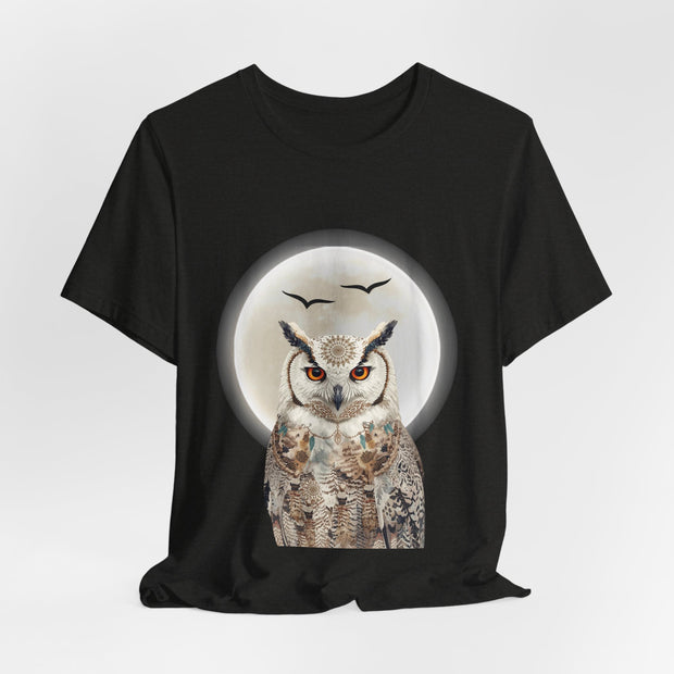Black t-shirt with an owl graphic on a white background