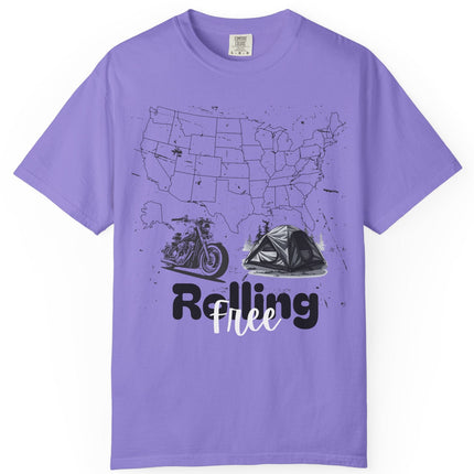 Purple t-shirt with graphic design and text 'Rolling Free' on a white background