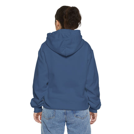 The plain back blue hoodie worn by a person. White background.