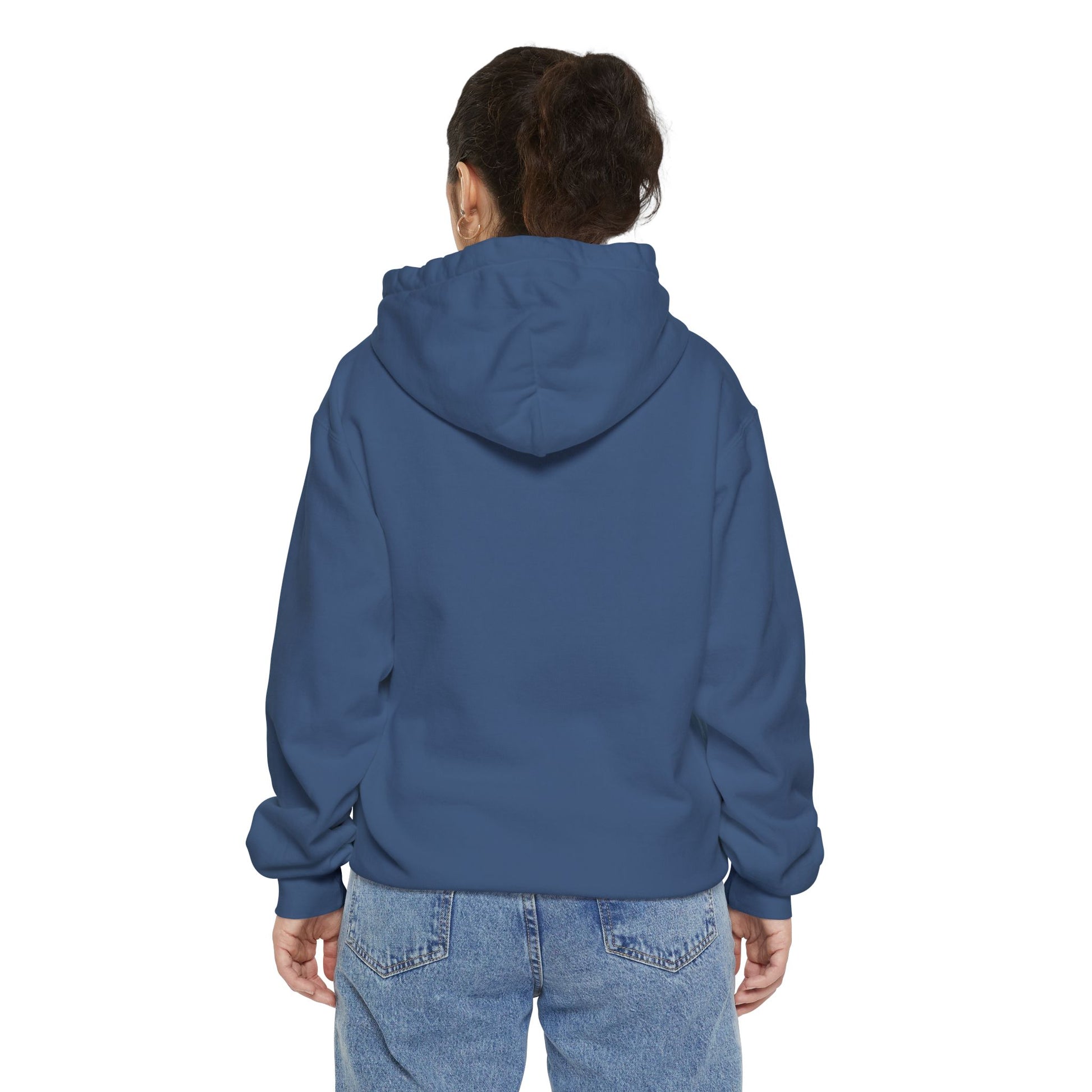The plain back blue hoodie worn by a person. White background.