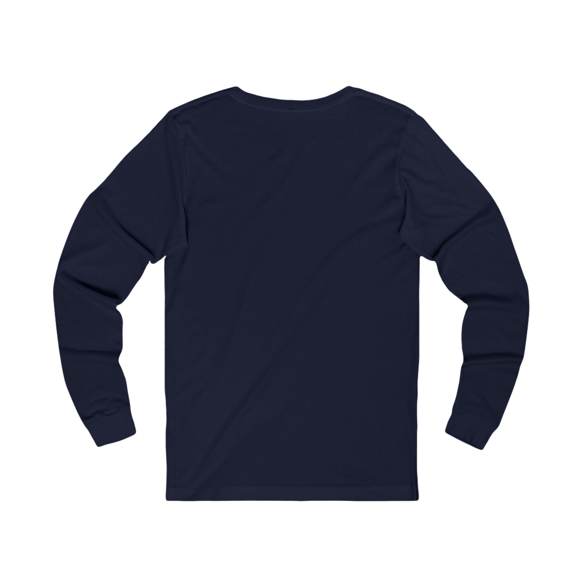 Plain back of navy blue long-sleeve shirt on a white background