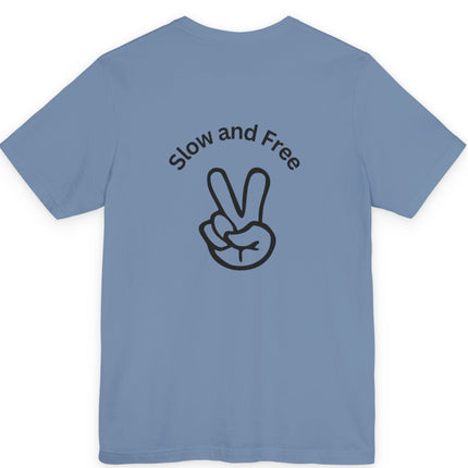 Slow, Free Peace Sign Tee 1970s Female Backpacker Retro Travel Unisex T-Shirt