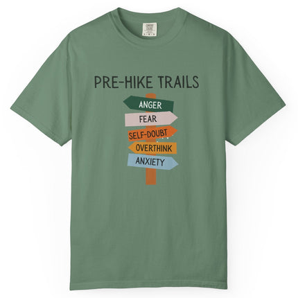 Green t-shirt with 'Pre-Hike Trails' graphic on a white background