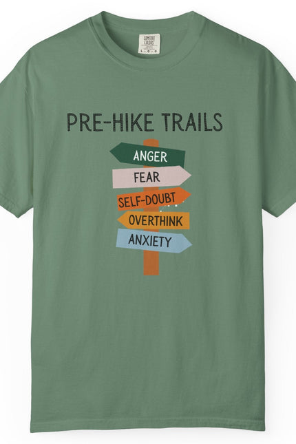 Green t-shirt with 'Pre-Hike Trails' graphic on a white background