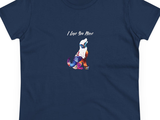 Navy blue t-shirt with a colorful graphic and 'I Love You More' text on a white background