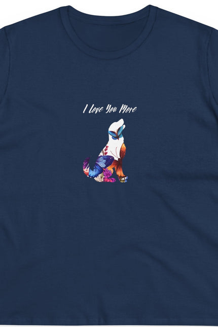 Navy blue t-shirt with a colorful graphic and 'I Love You More' text on a white background