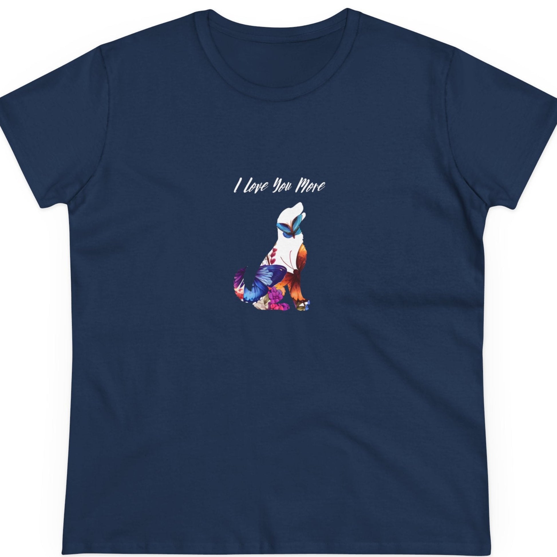 Navy blue t-shirt with a colorful graphic and 'I Love You More' text on a white background