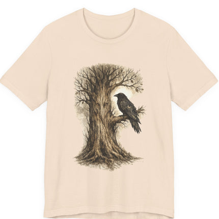 Beige t-shirt with a tree and bird design on a white background