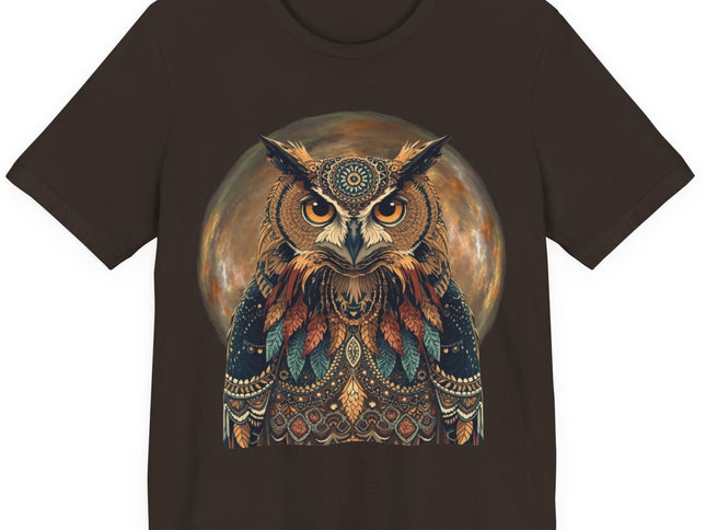 Brown t-shirt with a colorful owl design on a white background