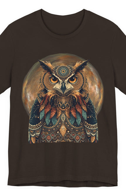 Brown t-shirt with a colorful owl design on a white background