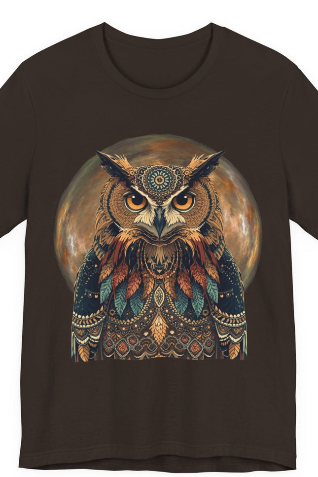 Brown t-shirt with a colorful owl design on a white background