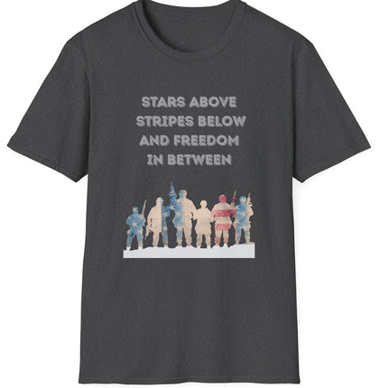 Dark Gray t-shirt with Red white and blue military troupe graphic design and text stating Stars Above Stripes Below and Freedom In Between on a white background