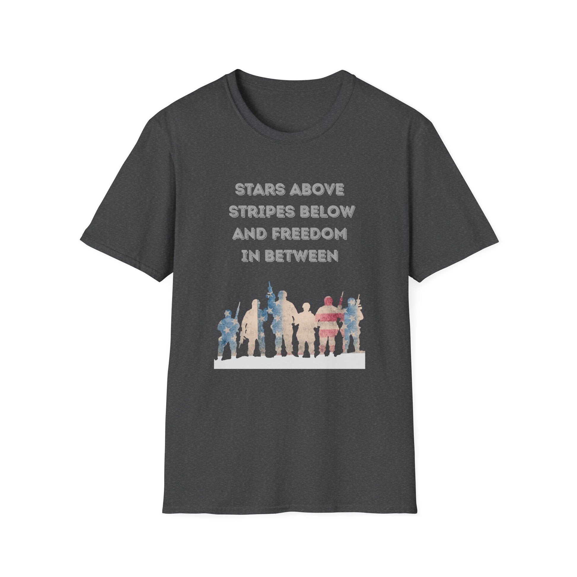 Dark Gray t-shirt with Red white and blue military troupe graphic design and text stating Stars Above Stripes Below and Freedom In Between on a white background
