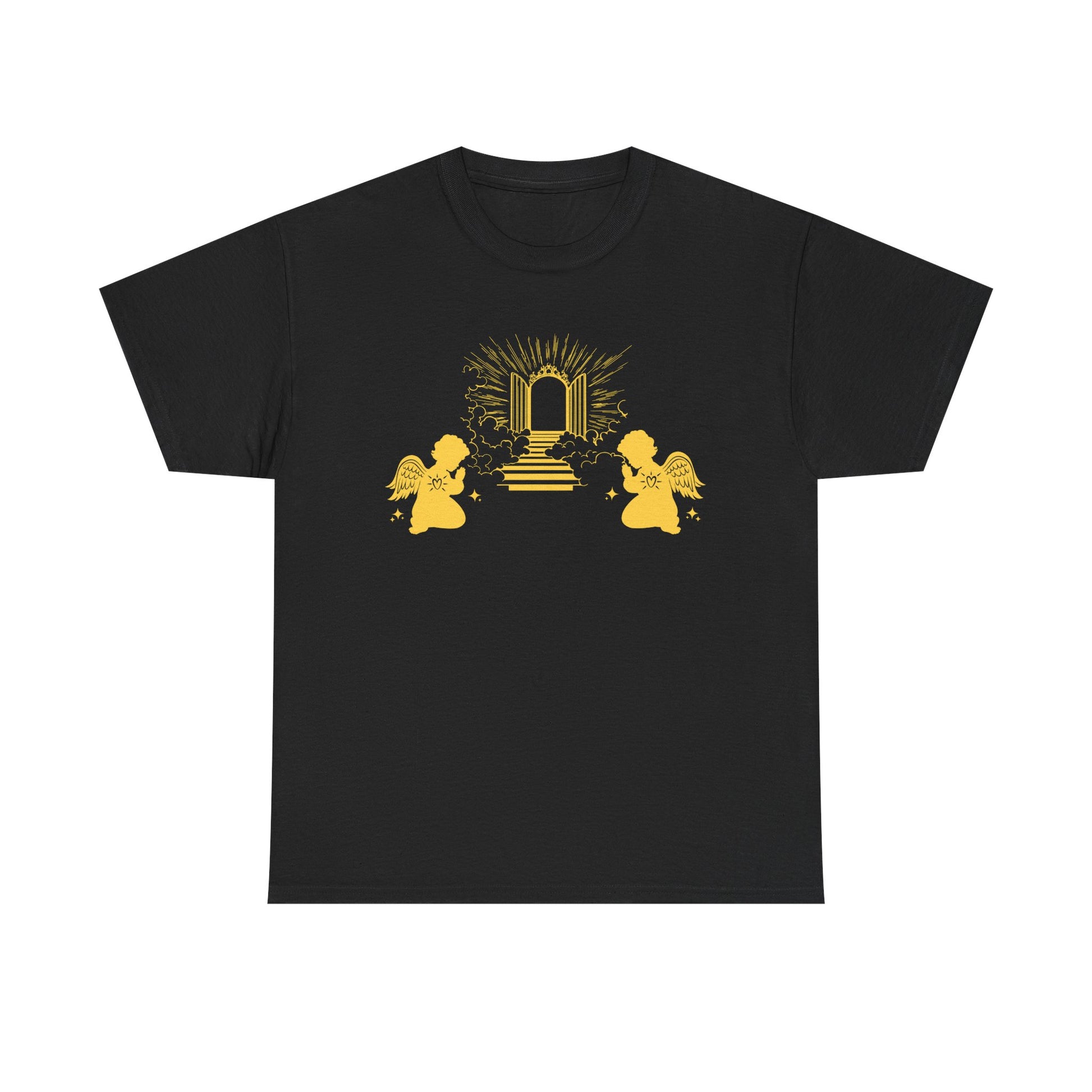 Black t-shirt with two gold angels praying at Heaven's Gate design on a white background