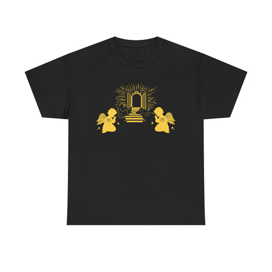 Black t-shirt with two gold angels praying at Heaven's Gate design on a white background