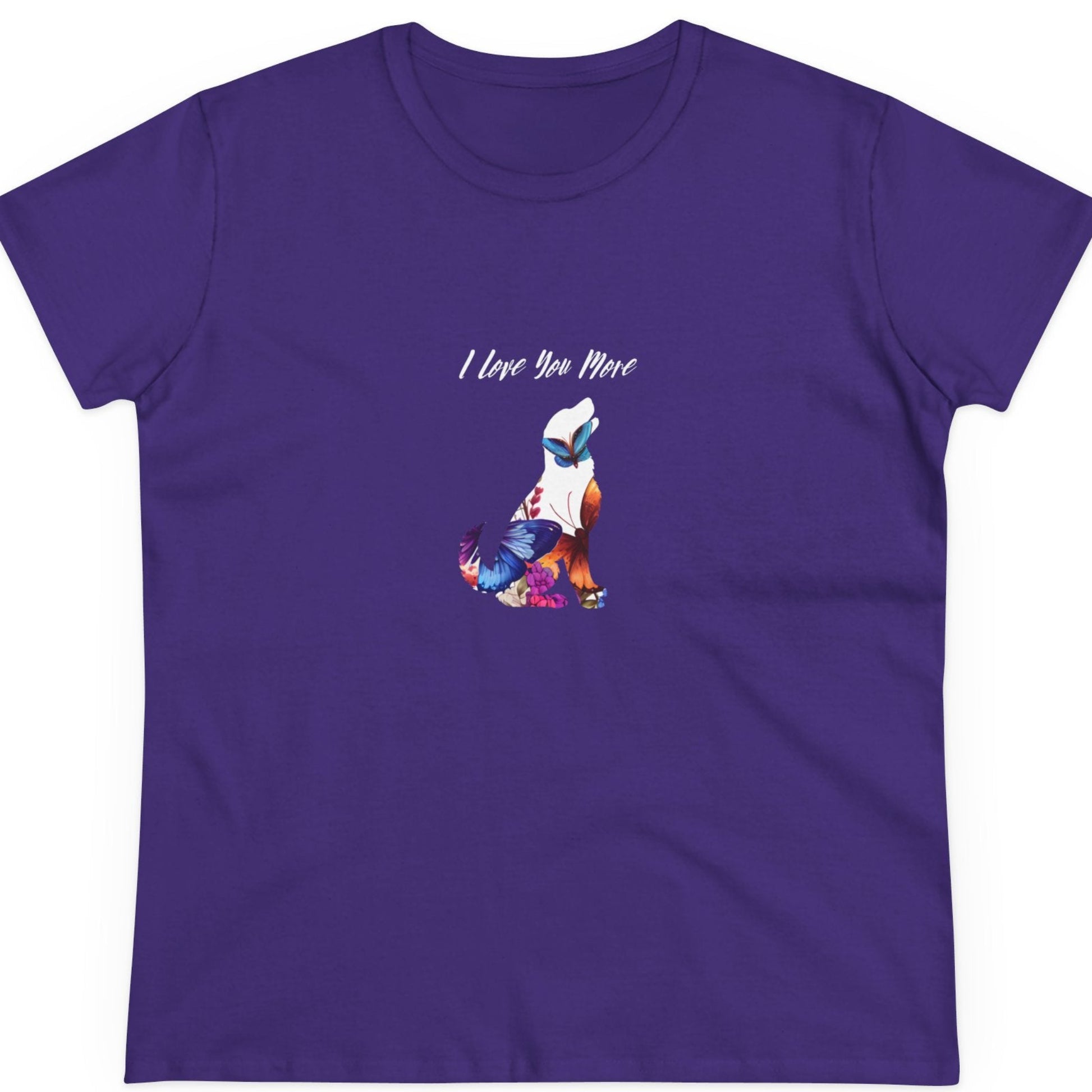Purple t-shirt with a graphic design and text on a white background