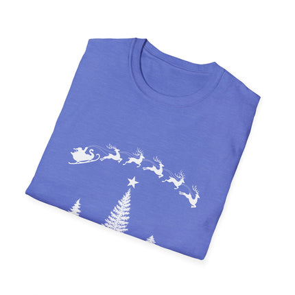 A folded heather blue crewneck t-shirt featuring a white graphic print of Santa Claus in his sleigh pulled by four reindeer, with Christmas trees and a star below, set against a plain white background.