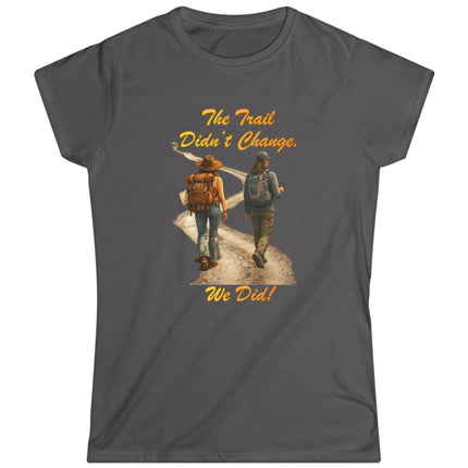 Gray t-shirt with graphic of two hikers and text on a white background