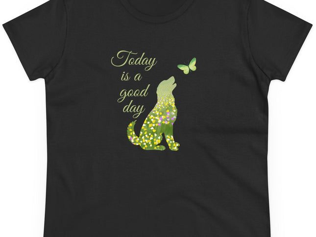 Black t-shirt with a dog and butterfly graphic and 'Today is a good day' text on a white background