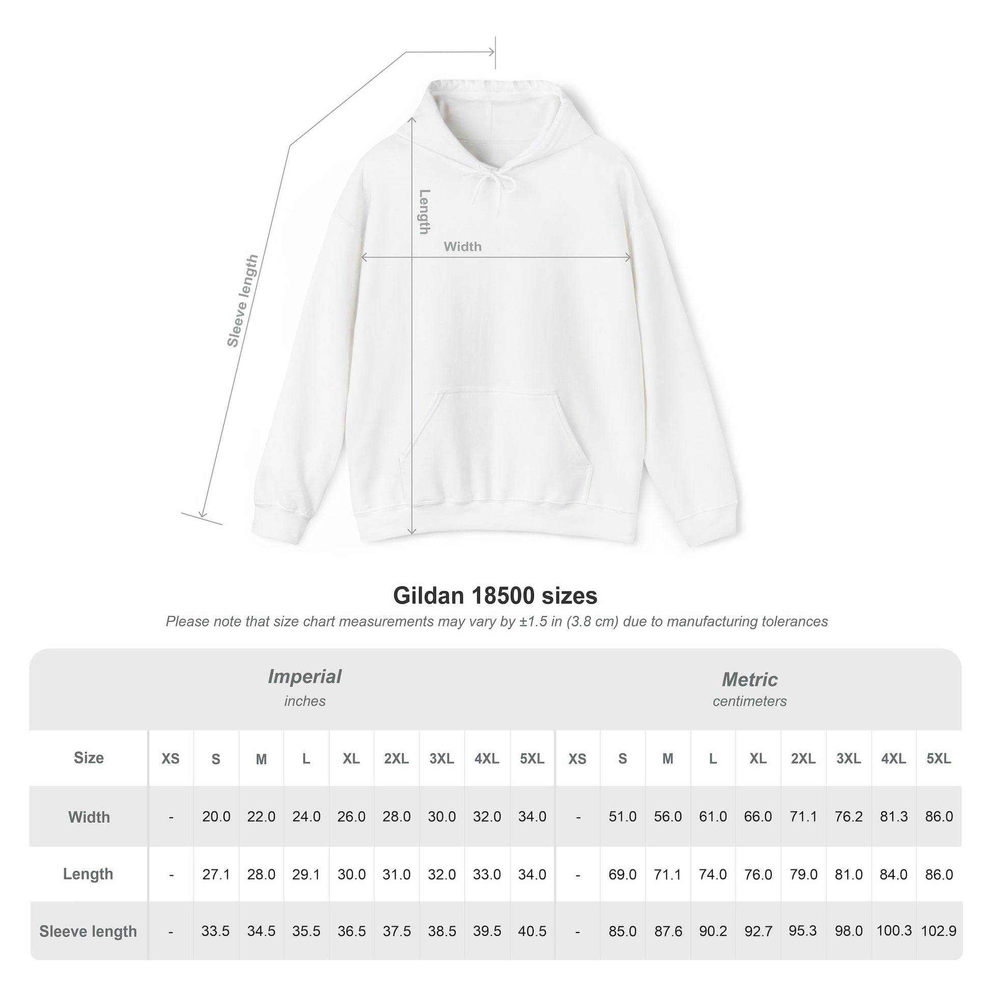White hoodie Gildan 18500 with measurement chart on a white background