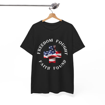 Black t-shirt with American flag design and text on a hanger against a white background