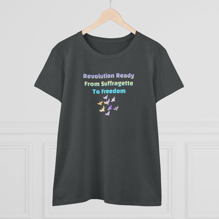 Gray t-shirt with text of Revolution Ready From Suffragette To Freedom and dove graphics on a white background