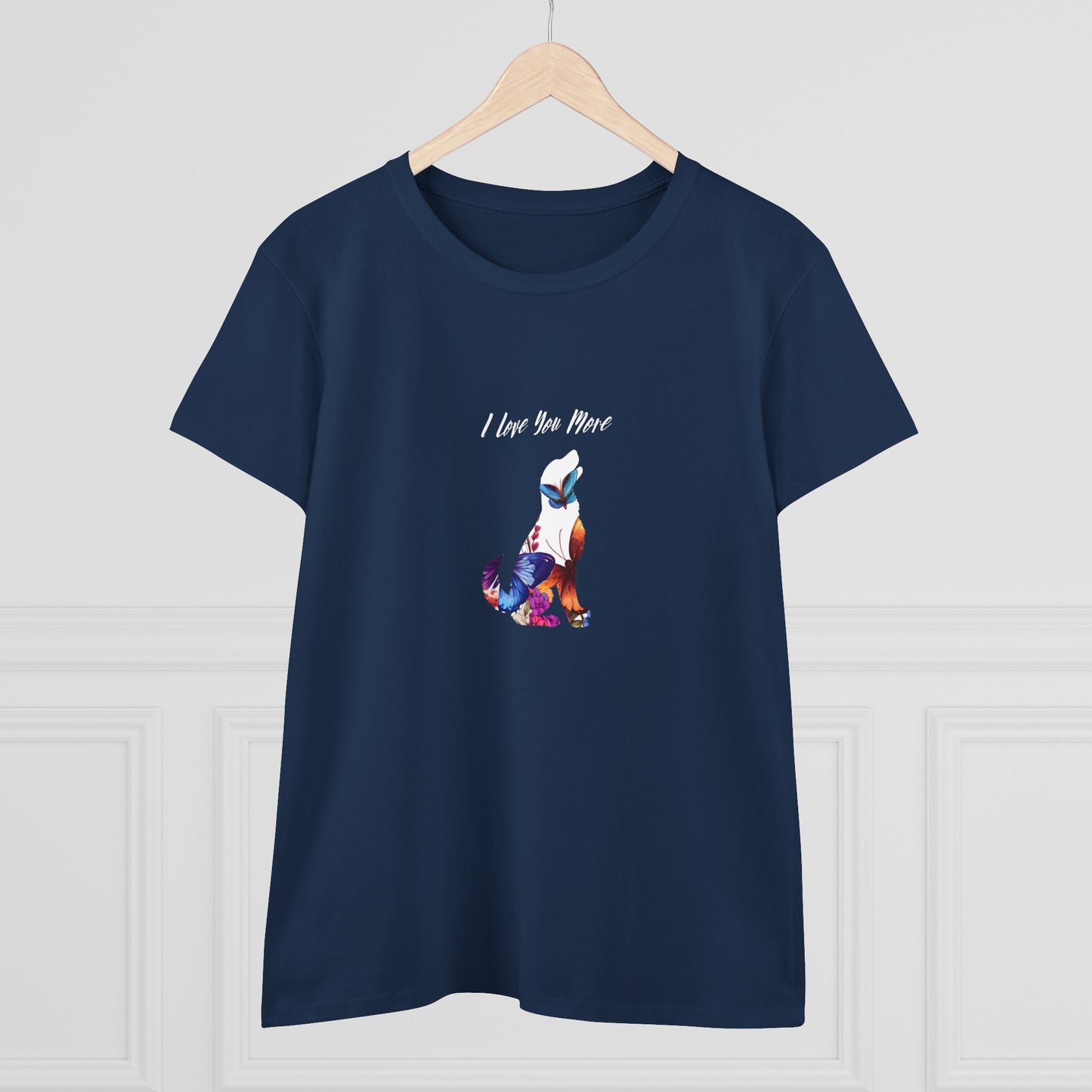 Navy blue t-shirt with colorful fox design and 'I Love You More' text on a white background