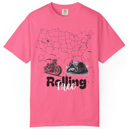 Pink t-shirt with a map of the United States and a motorcycle graphic on a white background