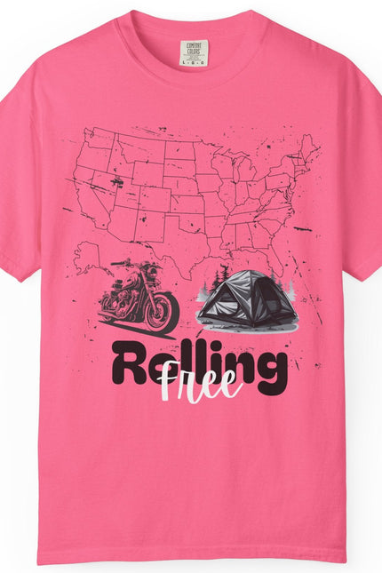 Pink t-shirt with a map of the United States and a motorcycle graphic on a white background