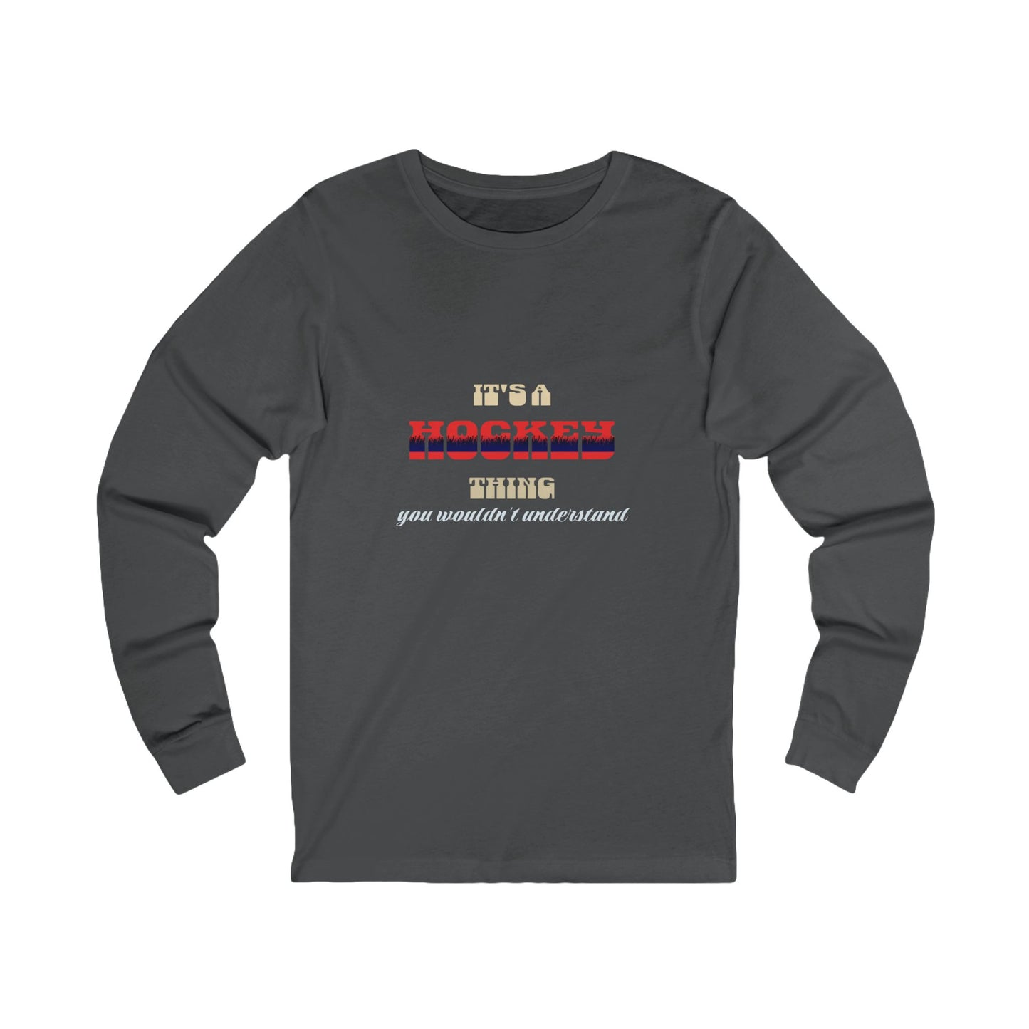 Gray long-sleeve shirt with text design on a white background