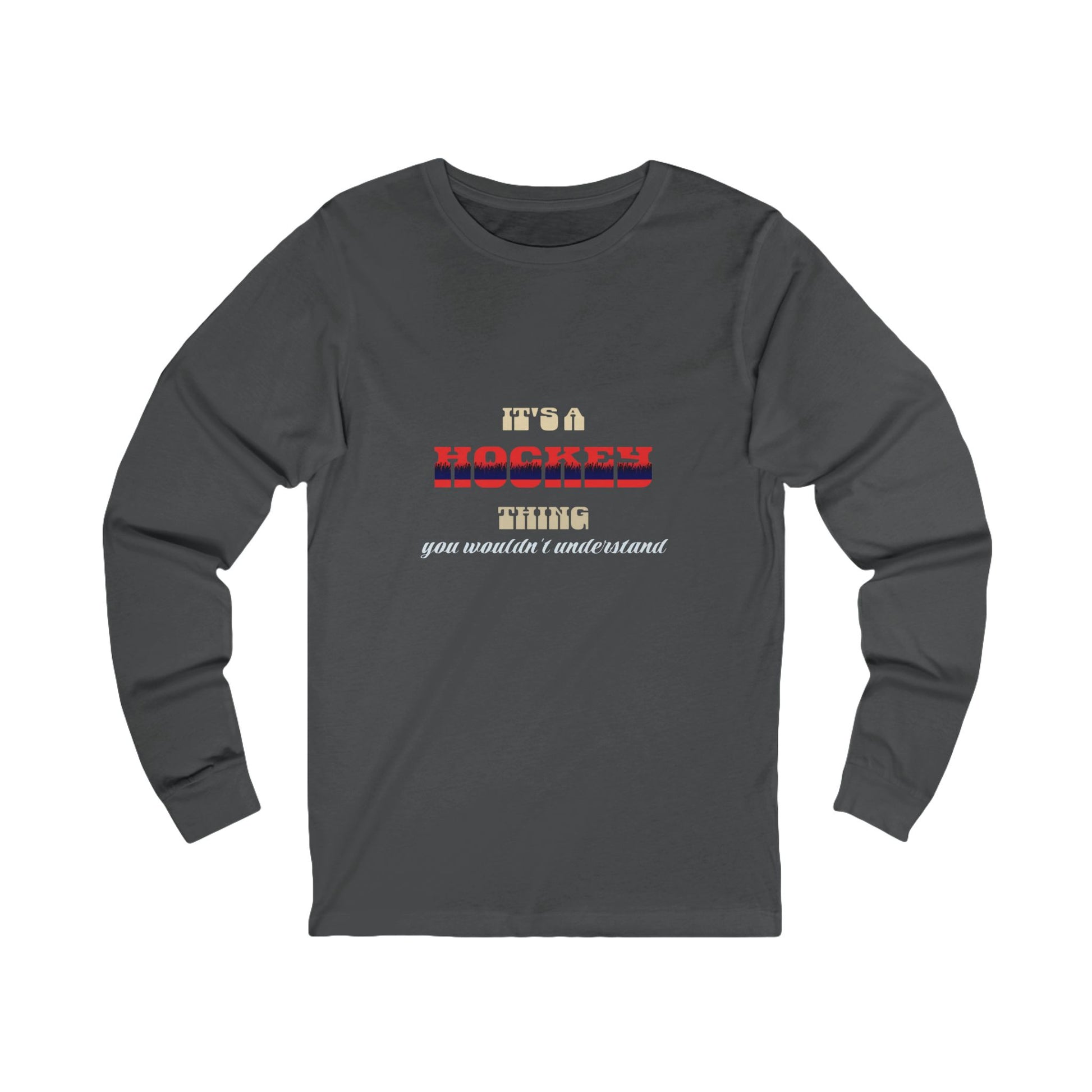 Gray long-sleeve shirt with text design on a white background