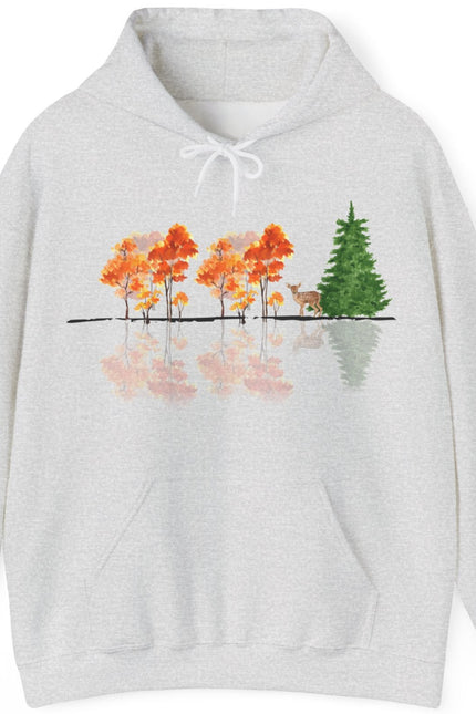 Gray hoodie with a nature-themed design on a white background. Reflective trees and fawn on front.