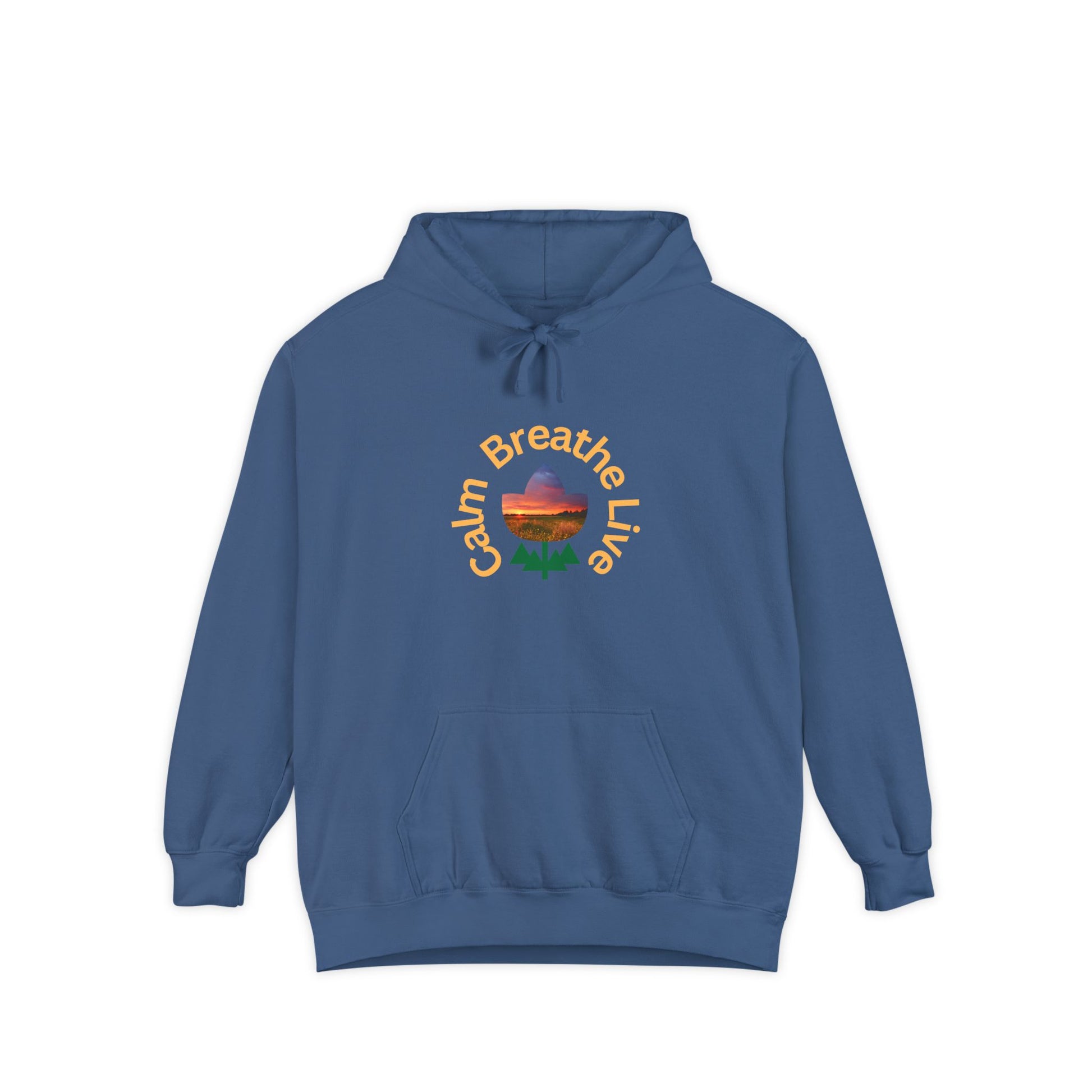 Blue hoodie with 'Calm Breathe Live' text and landscape graphic on a white background