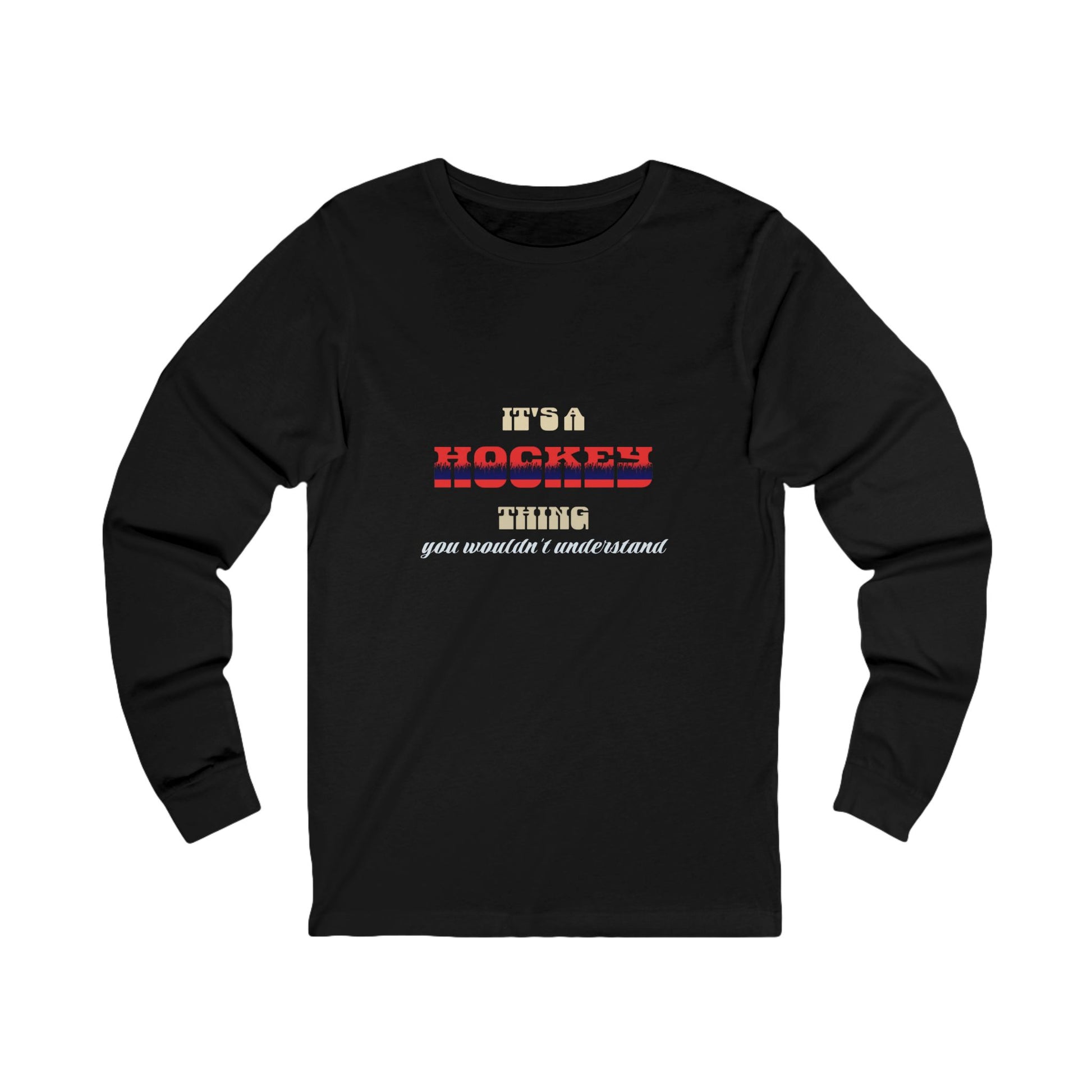 Black long-sleeve shirt with text design on a white background