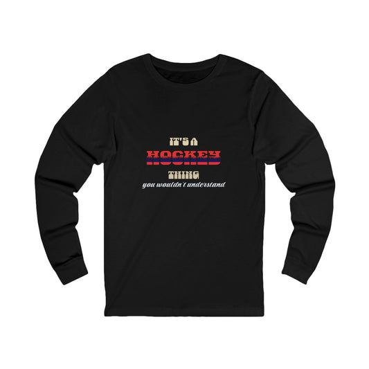 Black long-sleeve shirt with text design on a white background