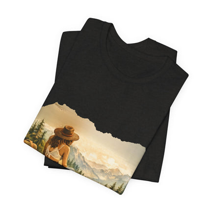 Slow, Free Peace Sign Tee 1970s Female Backpacker Retro Travel Unisex T-Shirt