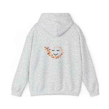 Back of Gray hoodie with a colorful smiley face designed within an area of colorful fall leaves. 