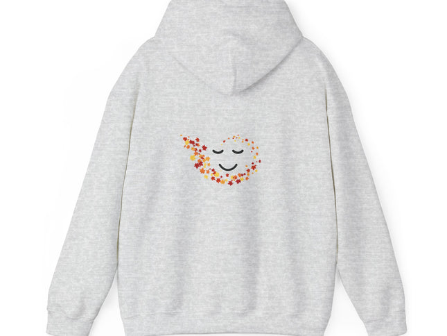 Back of Gray hoodie with a colorful smiley face designed within an area of colorful fall leaves. 