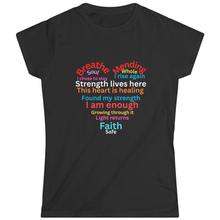 Black t-shirt with colorful motivational suicide prevention text design shaped in a heart on a white background