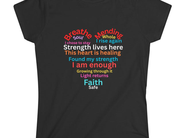 Black t-shirt with colorful motivational suicide prevention text design shaped in a heart on a white background