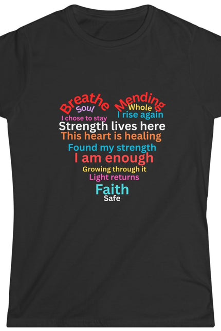 Black t-shirt with colorful motivational suicide prevention text design shaped in a heart on a white background